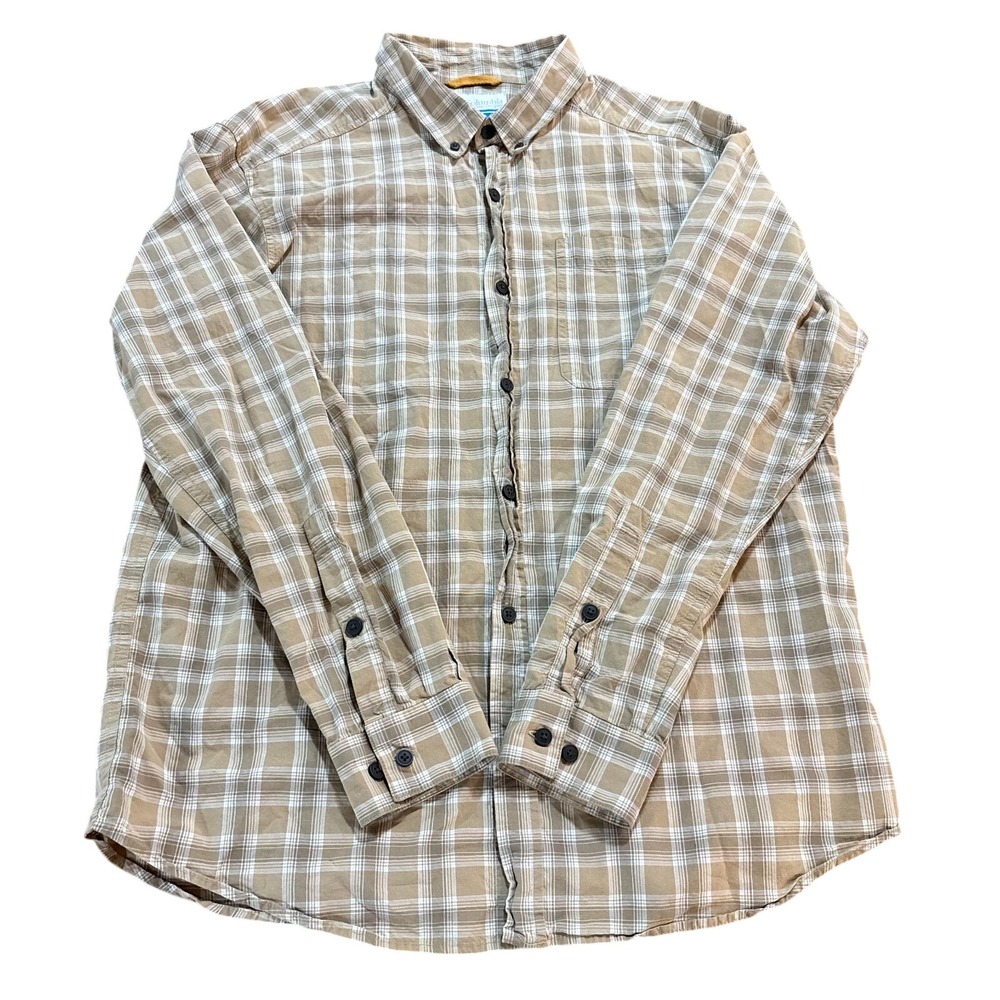 Columbia Mens Large‎ Tan White Plaid Button Down Long Sleeve Shirt Pocket